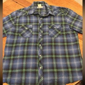 Wrangler Wrancher Shirt Mens XL Blue Green Plaid Pearl Snap Button Cowboy